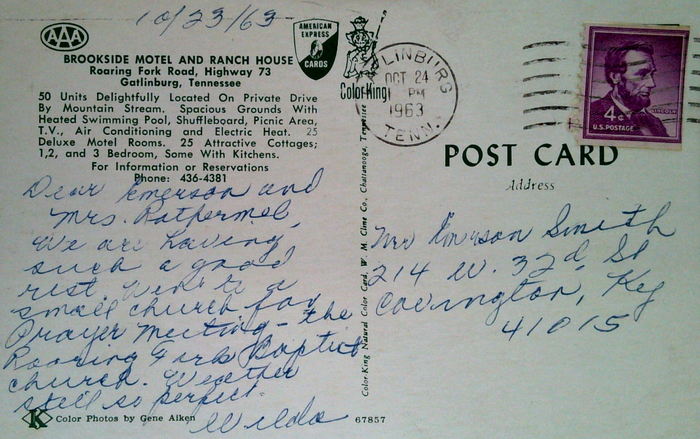 Brookside Lodge (Brookside Motel and Ranch House) - Vintage Postcard Back (newer photo)